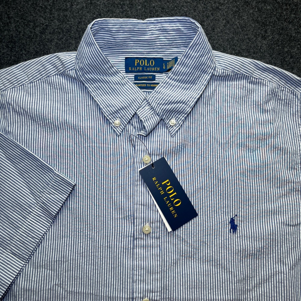 Polo Ralph Lauren Button Down Mens L Blue New Seersucker Stripe Classic Fit